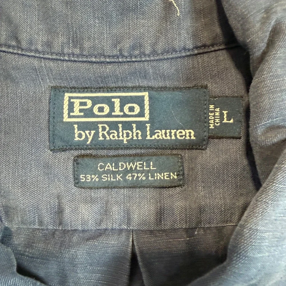 Polo Ralph Lauren Caldwell Shirt Mens Large Navy Blue Silk Linen Short Sleeve